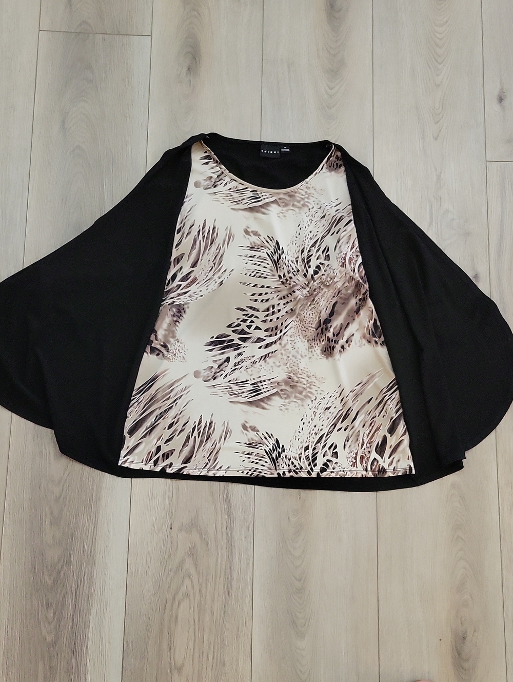 Tribal Black Tunic with Cream and Brown Feather-Print Front